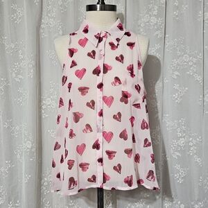 No Boundaries - Sleeveless Button Down Open Back Chiffon Top With Hearts